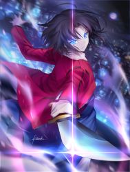 Rule 34 | 1girl, black hair, blue kimono, building, cityscape, closed mouth, cloud, commentary request, cowboy shot, fate (series), floating hair, foreshortening, fur trim, jacket, japanese clothes, kara no kyoukai, kimono, knife, kousaki rui, looking at viewer, moon, night, open clothes, open jacket, outdoors, red jacket, ryougi shiki, short hair, sky, skyscraper, solo