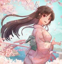Rule 34 | 1girl, alternate costume, black hair, cherry blossoms, commentary request, commission, dutch angle, hair ribbon, hime cut, hiyou (kancolle), japanese clothes, kantai collection, kimono, long hair, looking at viewer, pink kimono, ribbon, skeb commission, smile, solo, two side up, white ribbon, wss (nicoseiga19993411)
