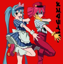 Rule 34 | 2girls, apron, bad tag, betti (xx betti), black necktie, blue dress, blue hair, cowboy shot, crazy, dress, empty eyes, frilled dress, frills, gloves, hat, hatsune miku, highres, kasane teto, long hair, mesmerizer (vocaloid), multiple girls, necktie, open mouth, pink eyes, pink hair, pink hat, red background, roller skates, sharp teeth, shirt, simple background, skates, smile, song name, standing, standing on one leg, striped clothes, striped shirt, teeth, tongue, tongue out, twintails, utau, very long hair, visor cap, vocaloid, waist apron, yellow gloves
