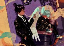 Rule 34 | angel devil (chainsaw man), angel wings, black hair, black necktie, black suit, chainsaw man, cigarette, collared shirt, formal, hand in pocket, hayakawa aki, highres, holding, holding cigarette, jacket, juuxzi, long hair, necktie, open clothes, open jacket, red hair, shirt, sitting, smoke, smoking, suit, suit jacket, topknot, trash can, white shirt, white wings, wings