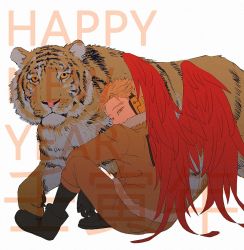 Rule 34 | 1boy, 2022, animal, blonde hair, boku no hero academia, boots, chinese zodiac, costume, elbows on knees, eye contact, feathered wings, feathers, fur-trimmed jacket, fur trim, gloves, happy new year, hawks (boku no hero academia), headphones, jacket, knees up, looking afar, looking at another, looking at viewer, new year, nongno, red feathers, short hair, sitting, solo, text focus, tiger, watermark, white background, wings, year of the tiger, yellow eyes