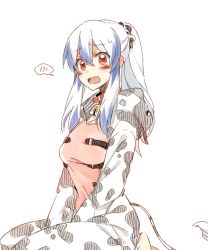 Rule 34 | 1girl, 6 (yuchae), animal print, bell, blue hair, blush, collar, cow print, cow tail, hair ornament, hair scrunchie, highres, kamishirasawa keine, long hair, looking at viewer, neck bell, open mouth, ponytail, red eyes, scrunchie, simple background, sitting, solo, spoken blush, tail, touhou