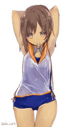 Rule 34 | 10s, 1girl, adjusting hair, armpits, arms behind head, arms up, brown eyes, brown hair, hairband, i-401 (kancolle), kantai collection, looking at viewer, one-piece swimsuit, sailor collar, sakofu, school swimsuit, school uniform, serafuku, shirt, short hair, solo, swimsuit, swimsuit under clothes, tan, twitter username, unworn hairband, wet, wet clothes, wet hair, wet shirt, wet swimsuit, white background