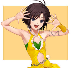 Rule 34 | 10s, 1girl, :d, antenna hair, armpits, bare shoulders, belly chain, black eyes, black hair, blush, bridal gauntlets, collarbone, flat chest, idolmaster, idolmaster (classic), idolmaster 2, jewelry, kikuchi makoto, looking at viewer, navel, nekopuchi, open mouth, outstretched hand, shadow, short hair, simple background, smile, solo, upper body