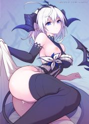Rule 34 | 1girl, after vaginal, aftersex, ahoge, ass, black thighhighs, blue eyes, breasts, closed mouth, cum, cum in pussy, cumdrip, elsword, hair between eyes, horns, large breasts, looking at viewer, luciela r. sourcream, lying, nihilida (elsword), nipples, on side, one breast out, pointy ears, solo, tail, thighhighs, waero, white hair
