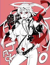 Rule 34 | 1girl, :d, belt, breasts, candy, cleavage, spiked halo, female focus, food, gloves, guilty gear, guilty gear xrd, halo, jack-o&#039; valentine, kaneshiki suisse, large breasts, lollipop, long hair, looking at viewer, mask, unworn mask, monochrome, open clothes, open mouth, pink background, red eyes, red gloves, simple background, smile, solo, teeth