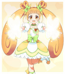 Rule 34 | 1girl, :d, blush, boots, bow, brooch, brown eyes, brown hair, choker, club (weapon), clubs, cure rosetta, dokidoki! precure, double bun, flower, glowing, hair bun, hair flower, hair ornament, heart, heart brooch, jewelry, light, long hair, magical girl, matching hair/eyes, open mouth, orange eyes, orange hair, outstretched arms, outstretched hand, precure, ribbon, rose, skirt, smile, solo, standing, standing on one leg, star (symbol), twintails, waist bow, wara (warapro), weapon, wrist cuffs, yotsuba alice