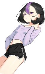 Rule 34 | 1girl, black hair, breasts, dolphin shorts, goddess of victory: nikke, hair between eyes, highres, jewelry, midriff, multicolored hair, navel, purple eyes, purple hair, shorts, simple background, small breasts, streaked hair, syhan, syuen (nikke), white background