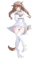 Rule 34 | 1girl, absurdres, animal ears, boots, bow, braid, brown eyes, brown hair, closed mouth, dress, final fantasy, final fantasy xiv, full body, gem, gloves, green gemstone, hair bow, half gloves, highres, jewelry, long hair, long sleeves, looking at viewer, miqo&#039;te, one eye closed, ring, simple background, smile, solo, standing, tail, thighhighs, twin braids, v, warrior of light (ff14), white background, white bow, white dress, white footwear, white gloves, white thighhighs, yana mori
