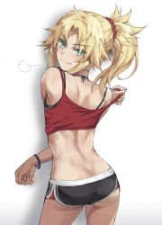 Rule 34 | 1girl, ass, back, bare shoulders, black shorts, blonde hair, blush, braid, breasts, butt crack, camisole, closed mouth, duplicate, fang, fang out, fate/apocrypha, fate (series), french braid, green eyes, hair ornament, hair scrunchie, jewelry, long hair, looking at viewer, looking back, mordred (fate), mordred (fate/apocrypha), necklace, parted bangs, ponytail, red camisole, red scrunchie, scrunchie, short shorts, shorts, sidelocks, smile, solo, thighs, tonee