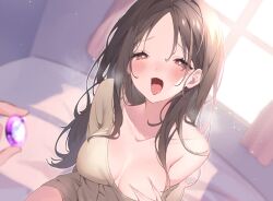 Rule 34 | 1girl, 1other, blurry, blurry background, blush, breasts, brown hair, cleavage, collarbone, curtains, gem, grey shirt, hair between eyes, hand on own chest, holding, holding gem, indoors, long hair, medium breasts, off shoulder, open mouth, original, red eyes, shirt, sparkle, tongue, tongue out, window, yuita (yuita17)