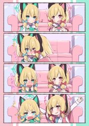 Rule 34 | 2girls, 4koma, :q, animal ear headphones, animal ears, arashiya, arms up, blonde hair, blue archive, blue bow, blue necktie, blush, bow, cat ear headphones, collared shirt, comic, commentary request, controller, couch, dress shirt, embarrassed, fake animal ears, full-face blush, game controller, green eyes, green halo, hair bow, halo, hand to own mouth, headphones, highres, holding, holding controller, holding game controller, incest, indoors, jacket, kiss, midori (blue archive), momoi (blue archive), multiple girls, necktie, off shoulder, pink eyes, pink halo, playing games, red bow, shirt, short hair, siblings, sisters, sitting, smile, surprised, suspenders, tongue, tongue out, translation request, twincest, twins, white jacket, white shirt, yuri