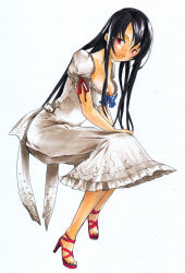Rule 34 | 1girl, bow, dress, high heels, kurishiro, long hair, original, ribbon, sandals, footwear ribbon, shoes, sitting, solo