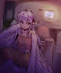 Rule 34 | 1girl, blouse, camisole, computer, feathers, harpy, highres, indoors, kawasumi (tk2k jade), monster girl, original, pointy ears, ponytail, pov, shirt, sleepy, solo, striped clothes, striped shirt, white feathers, winged arms, wings