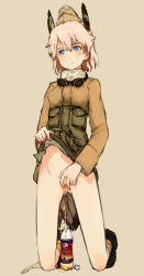 Rule 34 | 1girl, animal ears, blue eyes, blush, bottle, bottomless, breasts, clothes lift, goggles, goggles around neck, hat, head wings, kneeling, military, military uniform, panties, panties around leg, pee, peeing, peeing in bottle, pepsi, raisa pottgen, shibafu (glock23), shirt lift, short hair, small breasts, solo, strike witches, underwear, uniform, wings, witches of africa, world witches series