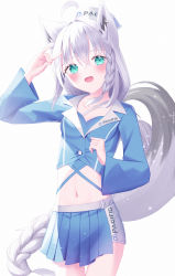 Rule 34 | 1girl, absurdres, ahoge, animal ear fluff, animal ears, anzu yotsuba, blue shirt, blush, braid, braided ponytail, breasts, commentary request, crop top, earrings, fox ears, fox girl, fox shadow puppet, fox tail, green eyes, hair between eyes, highres, hololive, jewelry, long hair, long sleeves, looking at viewer, midriff, navel, open mouth, race queen, shirakami fubuki, shirt, sidelocks, simple background, single braid, small breasts, solo, tail, virtual youtuber, white background, white hair