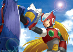 Rule 34 | 2boys, aircraft, airplane, android, armor, back, blonde hair, blue eyes, capcom, cloud, contrail, copyright name, day, fist bump, hand on own hip, helmet, jet, lens flare, long hair, low ponytail, male focus, mega man (series), mega man x (series), multiple boys, outdoors, ponytail, robot, sky, smile, storm eagle (mega man), storm eagle (mega man), sun, very long hair, wakky, wings, zero (mega man)