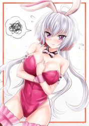 Rule 34 | 1girl, ahoge, animal ears, bare shoulders, blush, bow, bowtie, breasts, cleavage, covered navel, embarrassed, fake animal ears, groin, large breasts, leotard, long hair, pink leotard, playboy bunny, purple eyes, r-binon, rabbit ears, senki zesshou symphogear, solo, striped bow, striped bowtie, striped clothes, striped neckwear, sweat, sweatdrop, white hair, yukine chris