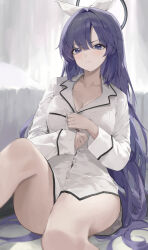 Rule 34 | 1girl, absurdres, alternate costume, alternate hairstyle, black halo, blue archive, blue eyes, breasts, cleavage, collared shirt, hairband, halo, highres, long hair, long sleeves, mechanical halo, pray (furei), purple hair, shirt, sleepwear, solo, thick thighs, thighs, white hairband, white shirt, yuuka (blue archive)