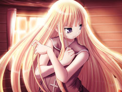 Rule 34 | 00s, 1girl, blonde hair, blunt bangs, closed mouth, crossover, curtains, evangeline a.k. mcdowell, frills, frown, hand on own chest, holding, holding hair, indoors, long hair, looking away, looking to the side, mahou sensei negima!, purple eyes, sleeveless, solo, sweatdrop, upper body, vampire, very long hair, window, wooden wall