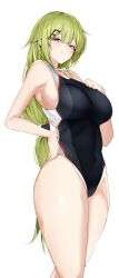 Rule 34 | 1girl, absurdres, alternate costume, arched back, ass, back cutout, bare arms, bare shoulders, black one-piece swimsuit, blush, breasts, closed mouth, clothing cutout, commission, competition swimsuit, criss-cross back-straps, from behind, girls&#039; frontline, green eyes, grey headwear, groin, hair ornament, hairclip, highleg, highleg swimsuit, highres, impossible clothes, impossible swimsuit, large breasts, long hair, looking at viewer, maruyaa (malya1006), median furrow, mk48 (girls&#039; frontline), one-piece swimsuit, red eyes, simple background, skeb commission, smile, solo, swimsuit, taut clothes, taut swimsuit, thighs, trefoil, two-tone one-piece swimsuit, white background, white one-piece swimsuit