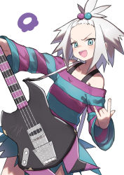 Rule 34 | 1girl, absurdres, bare shoulders, bass guitar, black bra, blue dress, blue eyes, blush, bra, breasts, cleavage, collarbone, creatures (company), dress, electric guitar, forehead, game freak, gazacy (dai), guitar, hair bobbles, hair ornament, highres, holding, holding instrument, instrument, long sleeves, looking at viewer, m/, multicolored clothes, multicolored dress, nintendo, off-shoulder dress, off shoulder, pokemon, pokemon bw2, purple dress, roxie (pokemon), short hair, simple background, solo, spiked hair, striped clothes, striped dress, topknot, two-tone dress, underwear, v-shaped eyebrows, white background, white hair