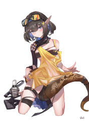 Rule 34 | 1girl, absurdres, anaconda, arknights, arm strap, bandeau, bare shoulders, black scarf, blue eyes, blue hair, blue hairband, breasts, breasts apart, breasts out, brown hair, cleavage, clothes lift, dress, eunectes (arknights), flower, full body, goggles, goggles on head, hair between eyes, hair flower, hair ornament, hairband, highres, kneeling, looking at viewer, medium breasts, multicolored hair, pointy ears, scarf, simple background, skirt, skirt lift, snake tail, solo, strapless, strash, tail, thigh strap, torn clothes, torn dress, tsurime, tube top, two-tone hair, white background, yellow dress