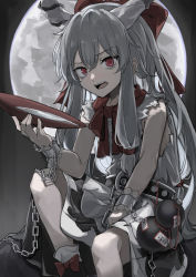 Rule 34 | 1girl, absurdres, albino, alternate color, alternate hair color, belt, bow, chain, cup, full moon, gourd, hair bow, highres, hisha (kan moko), horn ornament, horn ribbon, horns, ibuki suika, long hair, looking at viewer, moon, neckerchief, open mouth, outdoors, red bow, red eyes, red neckerchief, ribbon, sakazuki, sitting, skirt, sleeveless, solo, torn clothes, torn sleeves, touhou, white hair