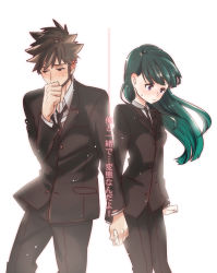 Rule 34 | beard, black eyes, black hair, blush, covering face, covering own mouth, covering privates, darker than black, facial hair, formal, green hair, hazuki mina (darker than black), holding hands, long hair, necktie, nervous, ocha (oteaaa), purple eyes, shizume genma, spiked hair, suit, sweat, translation request