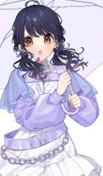 Rule 34 | 1girl, :o, ahoge, alternate costume, alternate hairstyle, belly chain, belt, belt buckle, blue hair, blue ribbon, brown eyes, buckle, chiri (ch!), commentary, dress, frilled jacket, frills, fukumaru koito, hair ribbon, holding, holding umbrella, idolmaster, idolmaster shiny colors, jacket, jewelry, long sleeves, looking at viewer, low twintails, open mouth, parted bangs, puffy long sleeves, puffy sleeves, purple belt, purple jacket, ribbon, simple background, solo, symbol-only commentary, twintails, umbrella, upper body, wavy ends, wavy hair, white background, white dress, white umbrella