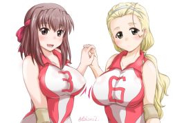 Rule 34 | 2girls, ahoge, blonde hair, blush, bouncing breasts, breasts, brown eyes, brown hair, closed mouth, commentary, elbow pads, girls und panzer, hair pulled back, hairband, headband, holding hands, interlocked fingers, kondou taeko, large breasts, long hair, looking at viewer, medium breasts, medium hair, motion lines, multiple girls, one-hour drawing challenge, open mouth, ponytail, red headband, red shirt, sasaki akebi, shirt, sleeveless, sleeveless shirt, smile, sportswear, standing, twitter username, volleyball uniform, white hairband, yts takana