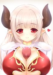 Rule 34 | 10s, 1boy, 1girl, alicia (granblue fantasy), blush, breasts, censored, center opening, cleavage, cow girl, cow horns, cross, cross earrings, draph, dress, earrings, elbow gloves, gloves, gradient background, granblue fantasy, heart, hetero, horns, huge breasts, jewelry, kane-neko, long hair, looking at viewer, mosaic censoring, paizuri, paizuri under clothes, penis, pointless censoring, pointy ears, red eyes, silver hair, simple background, smile, underboob, upper body, white gloves
