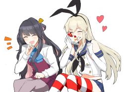 Rule 34 | 10s, 2girls, ^ ^, black hair, blonde hair, cake, cake slice, closed eyes, eating, fang, food, food on face, gloves, hairband, highres, kantai collection, long hair, morinaga miki, multicolored hair, multiple girls, naganami (kancolle), pantyhose, pink hair, school uniform, shimakaze (kancolle), sitting, smile, strawberry shortcake, striped clothes, striped thighhighs, thighhighs, white background