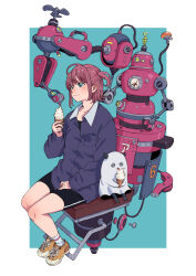 Rule 34 | 1girl, bike shorts, green eyes, highres, ice cream cone, mechanical arms, medium hair, original, red hair, robot, simple background, sitting, tanuki koubou