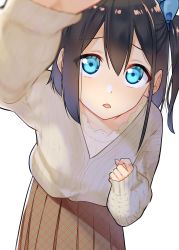 Rule 34 | 1girl, absurdres, arm up, black hair, blue eyes, blue ribbon, brown skirt, commentary request, grey sweater, hair between eyes, hair ribbon, highres, leaning forward, long hair, long sleeves, looking at viewer, one side up, original, parted lips, plaid, plaid skirt, pleated skirt, pov, puffy long sleeves, puffy sleeves, ribbon, simple background, skirt, sleeves past wrists, solo, suzunari shizuku, sweater, unmoving pattern, white background, yuki arare
