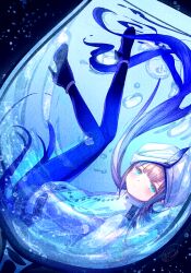 Rule 34 | 1boy, air bubble, blue eyes, blue hair, blue pantyhose, blush, brown hair, bubble, captain nemo (fate), closed eyes, commentary request, cup, drinking glass, fate/grand order, fate (series), from side, full body, gradient hair, gradient legwear, hair floating upwards, hat feather, high heels, highres, in container, in cup, ittokyu, jacket, legs up, long hair, long sleeves, looking at viewer, looking to the side, male focus, multicolored hair, nemo (fate), pantyhose, partially submerged, revision, shoulder boards, solo, turban, very long hair, water, white jacket, wine glass