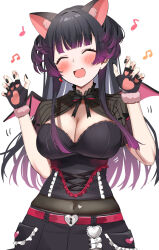 Rule 34 | 1girl, ^ ^, animal ears, black gloves, black hair, blush, breasts, cat ears, cleavage, closed eyes, covered navel, fingerless gloves, fingernails, fur-trimmed gloves, fur trim, gawawawa, gloves, gradient hair, highres, idolmaster, idolmaster shiny colors, large breasts, long hair, mayuzumi fuyuko, multicolored hair, musical note, nail polish, navel, purple hair, simple background, smile, solo, very long hair, white background