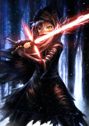 Rule 34 | 1girl, absurdres, bare tree, belt, black belt, black cape, black hair, black pantyhose, cape, cowboy shot, electricity, elrem, energy sword, fighting stance, fingerless gloves, fingernails, forest, genderswap, genderswap (mtf), gloves, glowing, glowing sword, glowing weapon, hair between eyes, hands up, highres, holding, holding sword, holding weapon, hood, kylo ren, legs apart, lightsaber, long hair, looking at viewer, mask, mouth mask, nature, outdoors, pantyhose, science fiction, sharp fingernails, slit pupils, snow, snowing, solo, star wars, star wars: the force awakens, sword, torn cape, torn clothes, tree, tunic, two-handed, weapon, wind, yellow eyes
