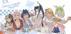 Rule 34 | 6+girls, antlers, black hair, blue eyes, blue hair, blush, breasts, ceres fauna, cleavage, demon horns, english text, eyewear on head, food, gloves, green hair, hair intakes, holding, holding newspaper, hololive, hololive english, horns, hot dog, ice cream, kfp employee (takanashi kiara), kronie (ouro kronii), large breasts, long hair, looking at another, looking at viewer, low twintails, medium breasts, medium hair, mole, mole under eye, mori calliope, multicolored hair, multiple girls, nerissa ravencroft, newspaper, one eye closed, open mouth, ouro kronii, pink eyes, pink hair, red eyes, set7, shiori novella, short hair, simple background, sitting, sundae, takanashi kiara, tongue, tongue out, tray, twintails, two-tone hair, two side up, very long hair, virtual youtuber, waitress, white gloves, white hair, yellow eyes