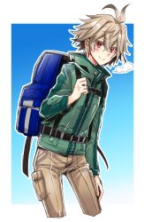 Rule 34 | 1boy, alpha signature, alpha transparency, antenna hair, backpack, bag, black straps, blue background, blue bag, blush, breath, brown hair, brown pants, closed mouth, collared jacket, cowboy shot, curtained hair, fate/apocrypha, fate (series), gradient background, green jacket, hair between eyes, hand on own thigh, hand up, haoro, highres, hiking, holding strap, hood, hood down, hooded jacket, jacket, male focus, pants, pocket, pouch, red eyes, short hair, sieg (fate), signature, smile, solo, split mouth, thigh pouch, track jacket, zipper