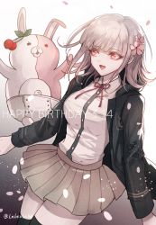 Rule 34 | 1girl, alternate hair ornament, artist name, black jacket, black thighhighs, bow, breasts, cherry earrings, commentary request, danganronpa (series), danganronpa 2: goodbye despair, dated, ear bow, earrings, flipped hair, flower, food-themed earrings, food themed earrings, hair flower, hair ornament, hairclip, happy birthday, hood, hooded jacket, hoodie, jacket, jewelry, large breasts, long sleeves, monomi (danganronpa), nanami chiaki, open clothes, open jacket, open mouth, pink eyes, pink flower, pink hair, pleated skirt, red ribbon, ribbon, short hair, skirt, smile, thighhighs, z-epto (chat-noir86)