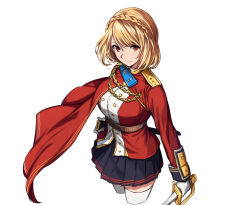 Rule 34 | 1girl, azur lane, blonde hair, blue skirt, braid, cape, closed mouth, cowboy shot, cropped legs, holding, holding sword, holding weapon, light smile, long sleeves, looking at viewer, military, military uniform, nagioka, pleated skirt, prince of wales (azur lane), red cape, short hair, simple background, skirt, solo, standing, sword, thighhighs, uniform, weapon, white background, white thighhighs