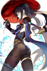 Rule 34 | 1girl, absurdres, aqua eyes, ass, black gloves, black hair, black pantyhose, blue leotard, breasts, detached sleeves, earrings, from behind, from below, fur collar, genshin impact, gloves, hat, highres, hydrokinesis, jewelry, leotard, long hair, long sleeves, looking at viewer, looking back, looking down, lumo 1121, mona (genshin impact), pantyhose, parted lips, print pantyhose, red hat, sidelocks, simple background, small breasts, solo, sparkle print, thighlet, thighs, twintails, very long hair, water, white background