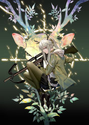 Rule 34 | 1girl, animal, animal background, antlers, arknights, belt pouch, black skirt, bow (weapon), branch, crossbow, crosshair, firewatch (arknights), from side, full body, gloves, grey hair, hair between eyes, highres, holding, holding weapon, hood, hood down, hoodie, horns, long hair, long sleeves, looking at viewer, looking to the side, open clothes, open hoodie, pantyhose, pouch, profile, reindeer, reindeer antlers, reindeer girl, ruoruoqiuu, scowl, shoes, sidelocks, skirt, v-shaped eyebrows, weapon