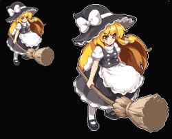 Rule 34 | 1girl, apron, black dress, black footwear, blonde hair, bow, braid, broom, buttons, dress, frilled dress, frills, hair bow, hat, hat bow, kirisame marisa, long hair, looking at viewer, mary janes, namako daibakuhatsu, pixel art, shoes, short sleeves, simple background, socks, solo, touhou, waist apron, white bow, white socks, witch hat, yellow eyes