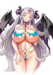 Rule 34 | 1girl, akagi rio, areola slip, bikini, breasts, cleavage, closed eyes, dragon girl, fafnira dracour, fang, forehead jewel, grey hair, hand on own chest, hand on thigh, horn ornament, horns, huge breasts, jewelry, long hair, mature female, milk factory, motto! haramase! honoo no oppai isekai oppai maid gakuen!, navel, official art, purple eyes, ring, swimsuit, transparent background, wedding band, wings