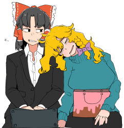 Rule 34 | 2girls, annoyed, archived source, bad id, bad twitter id, bags under eyes, black eyes, black hair, black jacket, black skirt, blazer, blonde hair, blue sweater, bow, braid, breasts, collared shirt, commentary request, cookie (touhou), cowboy shot, drooling, frilled bow, frilled hair tubes, frills, hair bow, hair tubes, hakurei reimu, jacket, kirisame marisa, large breasts, leaning on person, long hair, long sleeves, looking at another, looking to the side, mars (cookie), medium breasts, mouth drool, multiple girls, office lady, ohasi, open mouth, pink bag, purple bow, red bow, sananana (cookie), shirt, short hair, shoulder rest, side braid, simple background, single braid, skirt, sleeping, suitcase, sweater, touhou, white background, white shirt