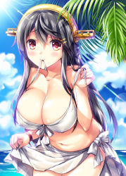 Rule 34 | 10s, 1girl, bikini, black hair, blush, breasts, brown eyes, cleavage, covered erect nipples, diffraction spikes, fukase ayaka, hair ornament, hairband, hairclip, haruna (kancolle), headgear, kantai collection, large breasts, leaning forward, long hair, looking at viewer, mouth hold, navel, nontraditional miko, ocean, palm tree, sarong, smile, solo, swimsuit, tree