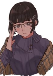 Rule 34 | 1girl, alternate costume, bad id, bad twitter id, bespectacled, black hair, blue sweater, brown eyes, brown footwear, glasses, hair ornament, kantai collection, looking at viewer, myoukou (kancolle), rinto (rint rnt), simple background, smile, solo, sweater, upper body, white background