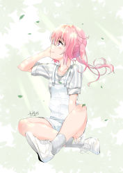 Rule 34 | 1girl, artist name, blush, collarbone, crossed legs, falling leaves, hand on own cheek, hand on own face, leaf, looking to the side, murio, nana asta deviluke, overalls, pink eyes, pink hair, shirt, sitting, smile, solo, striped clothes, striped shirt, to love-ru, twintails